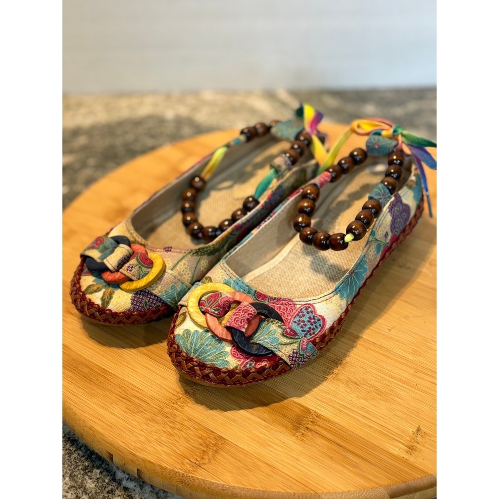 Socofy Floral Canvas Ballet Flats Bohemian Beaded Ankle Strap Shoes Womens 37